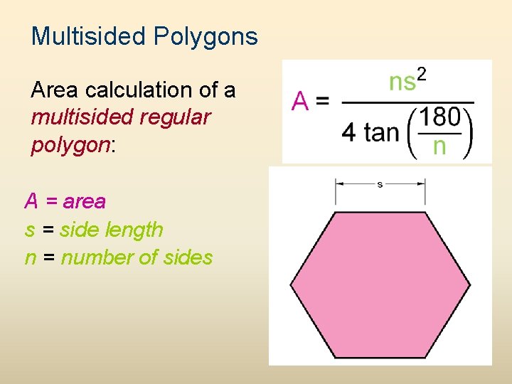 Multisided Polygons Area calculation of a multisided regular polygon: A = area s =