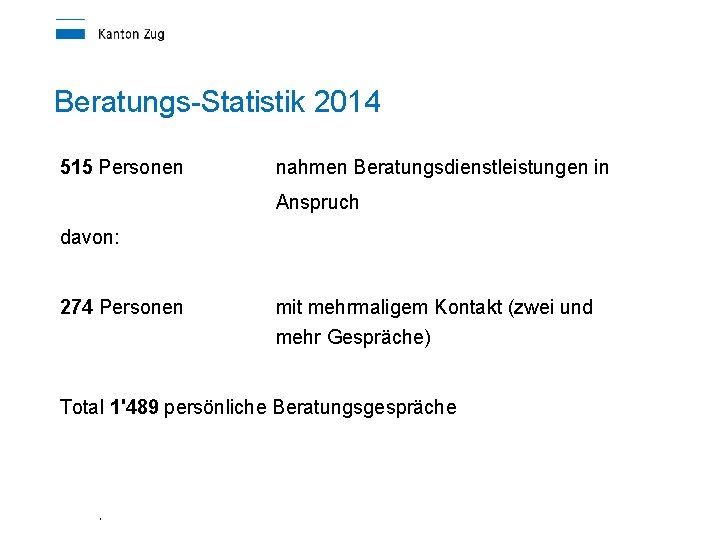 Beratungs-Statistik 2014 515 Personen nahmen Beratungsdienstleistungen in Anspruch davon: 274 Personen mit mehrmaligem Kontakt