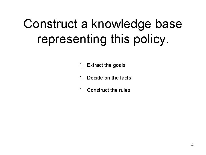 Construct a knowledge base representing this policy. 1. Extract the goals 1. Decide on