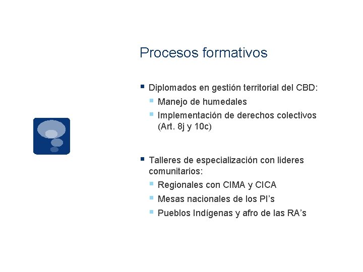 Procesos formativos § Diplomados en gestión territorial del CBD: § Manejo de humedales §