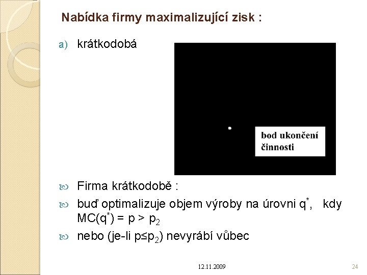 Nabídka firmy maximalizující zisk : a) krátkodobá Firma krátkodobě : buď optimalizuje objem výroby