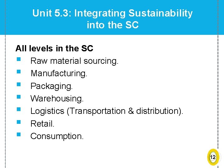 Unit 5. 3: Integrating Sustainability into the SC All levels in the SC §