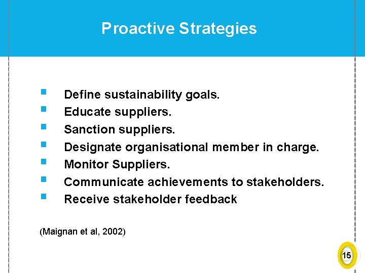 Proactive Strategies § § § § Define sustainability goals. Educate suppliers. Sanction suppliers. Designate