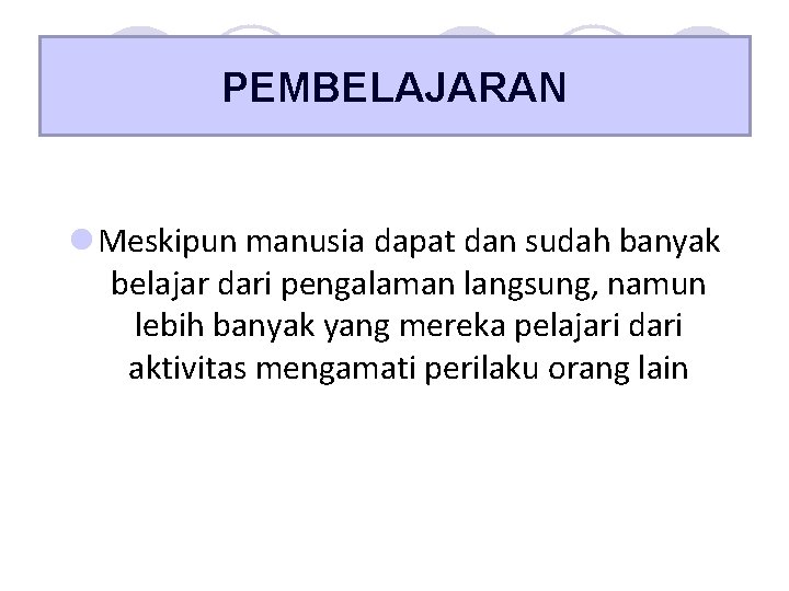 PEMBELAJARAN l Meskipun manusia dapat dan sudah banyak belajar dari pengalaman langsung, namun lebih