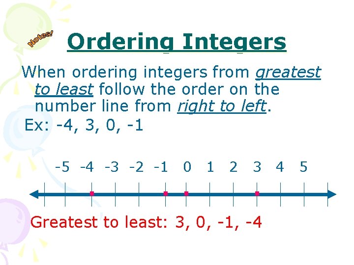 Ordering Integers When ordering integers from greatest to least follow the order on the