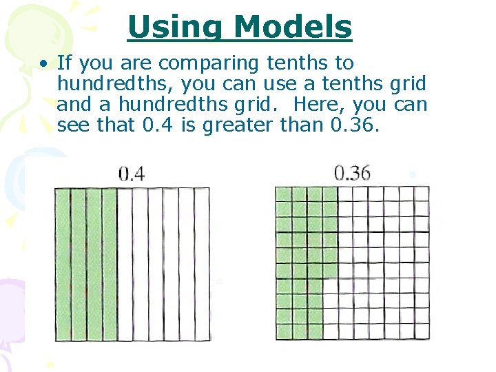 Using Models • If you are comparing tenths to hundredths, you can use a