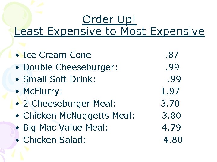 Order Up! Least Expensive to Most Expensive • • Ice Cream Cone Double Cheeseburger: