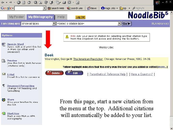 From this page, start a new citation from the menu at the top. Additional