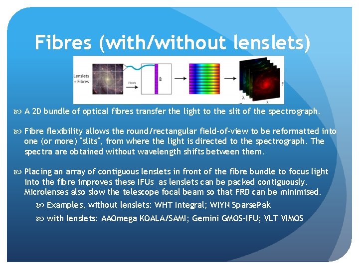 Fibres (with/without lenslets) A 2 D bundle of optical fibres transfer the light to