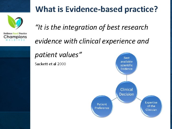 What is Evidence-based practice? “It is the integration of best research evidence with clinical