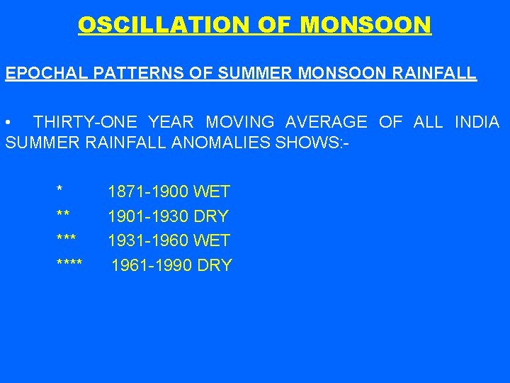 OSCILLATION OF MONSOON EPOCHAL PATTERNS OF SUMMER MONSOON RAINFALL • THIRTY-ONE YEAR MOVING AVERAGE