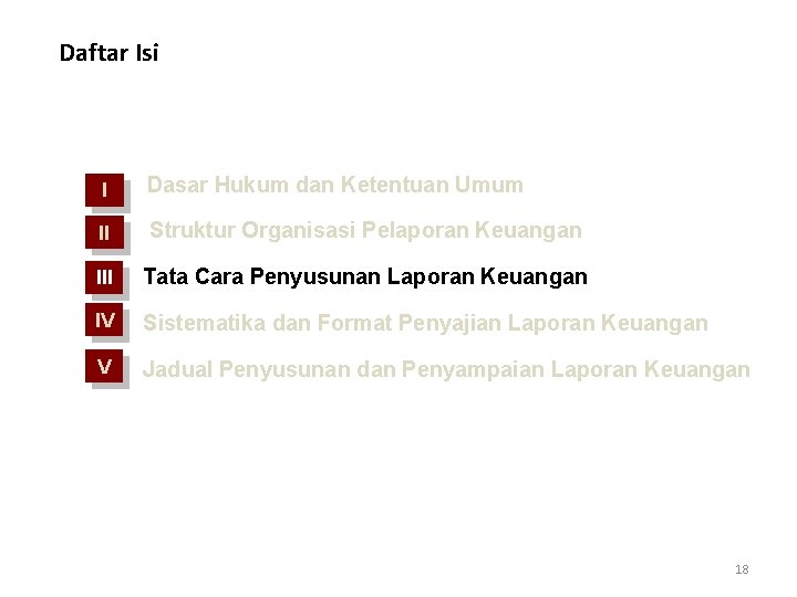 Daftar Isi I Dasar Hukum dan Ketentuan Umum II Struktur Organisasi Pelaporan Keuangan III