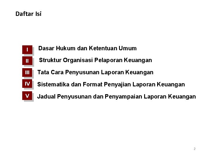 Daftar Isi I Dasar Hukum dan Ketentuan Umum II Struktur Organisasi Pelaporan Keuangan III