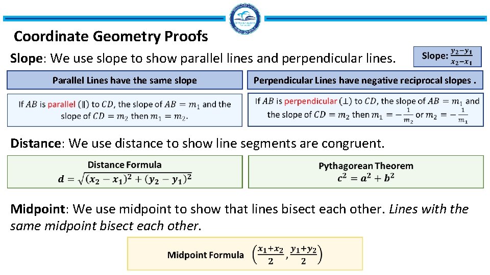 Coordinate Geometry Proofs Slope: We use slope to show parallel lines and perpendicular lines. Coordinate Geometry Proofs Slope: We use slope to show parallel lines and perpendicular lines.