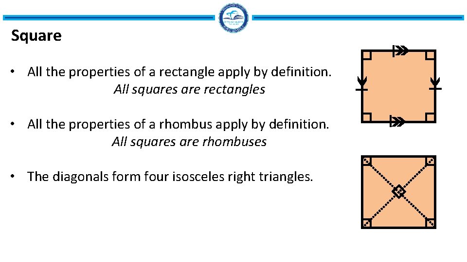 Square • All the properties of a rectangle apply by definition. All squares are Square • All the properties of a rectangle apply by definition. All squares are
