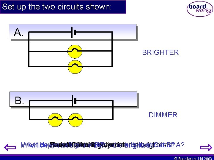 Set up the two circuits shown: A. BRIGHTER B. DIMMER What do happens The