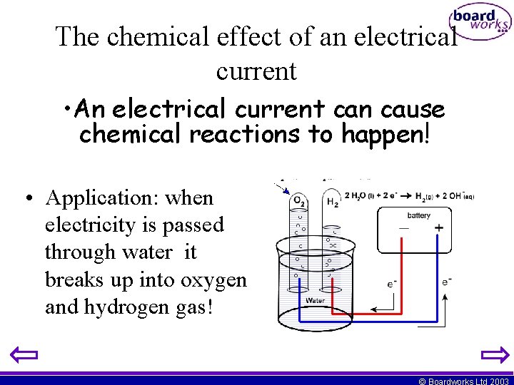 The chemical effect of an electrical current • An electrical current can cause chemical