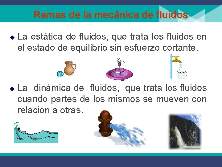 Ramas de la mecánica de fluidos u u La estática de fluidos, que trata