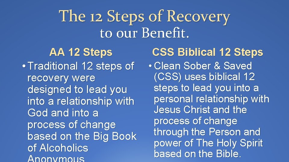 The 12 Steps of Recovery to our Benefit. AA 12 Steps CSS Biblical 12
