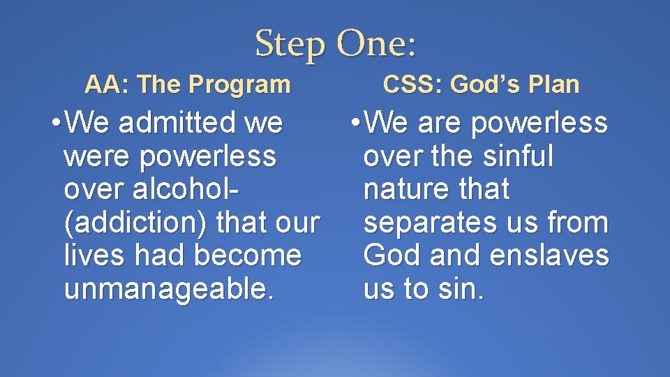Step One: AA: The Program CSS: God’s Plan • We admitted we • We