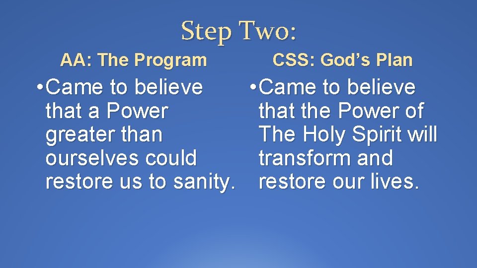 Step Two: AA: The Program CSS: God’s Plan • Came to believe that a