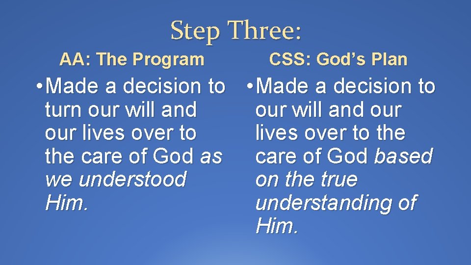 Step Three: AA: The Program CSS: God’s Plan • Made a decision to turn