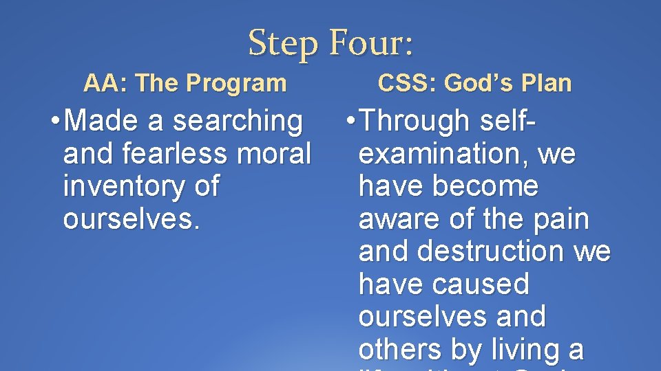 Step Four: AA: The Program CSS: God’s Plan • Made a searching • Through