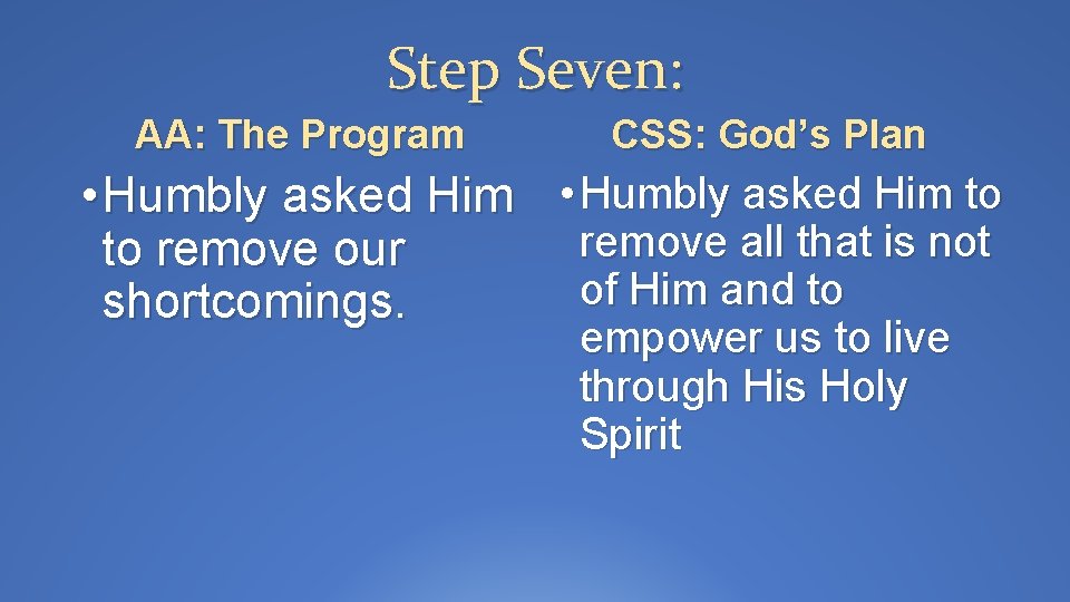 Step Seven: AA: The Program CSS: God’s Plan • Humbly asked Him to remove