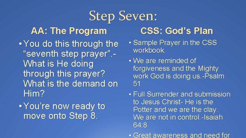 Step Seven: AA: The Program • You do this through the “seventh step prayer”.