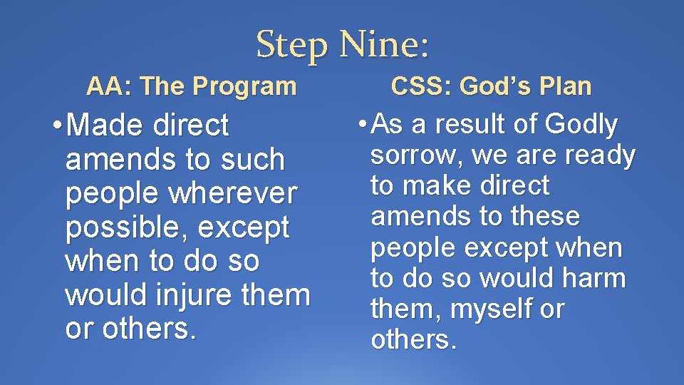Step Nine: AA: The Program • Made direct amends to such people wherever possible,