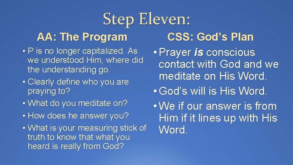 Step Eleven: AA: The Program • P is no longer capitalized. As we understood