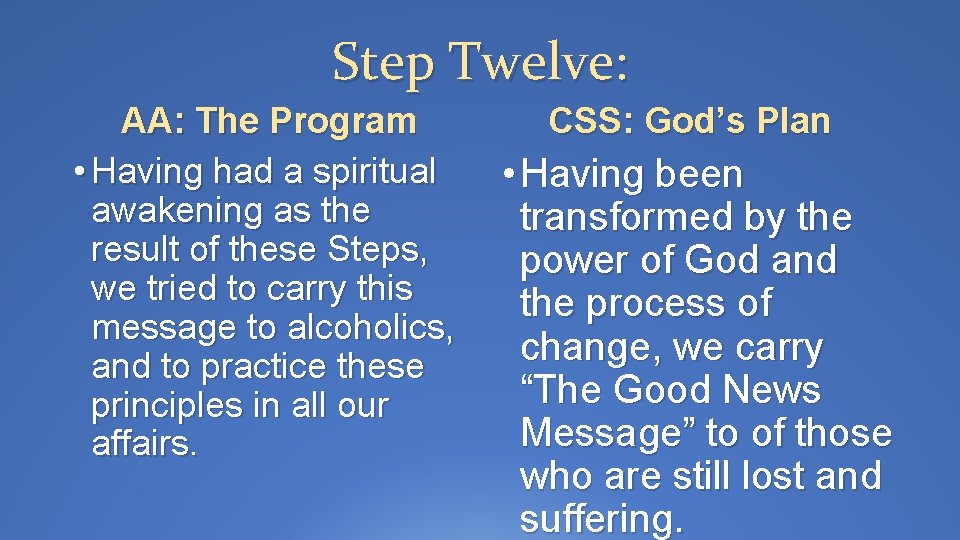 Step Twelve: AA: The Program CSS: God’s Plan • Having had a spiritual •