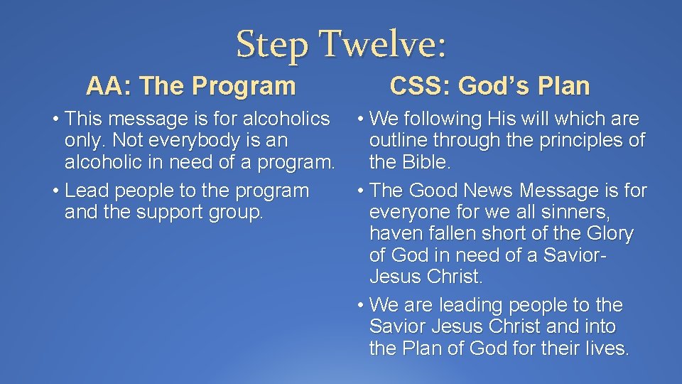 Step Twelve: AA: The Program CSS: God’s Plan • This message is for alcoholics