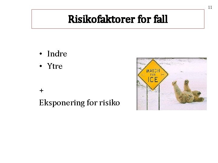 11 Risikofaktorer for fall • Indre • Ytre + Eksponering for risiko 