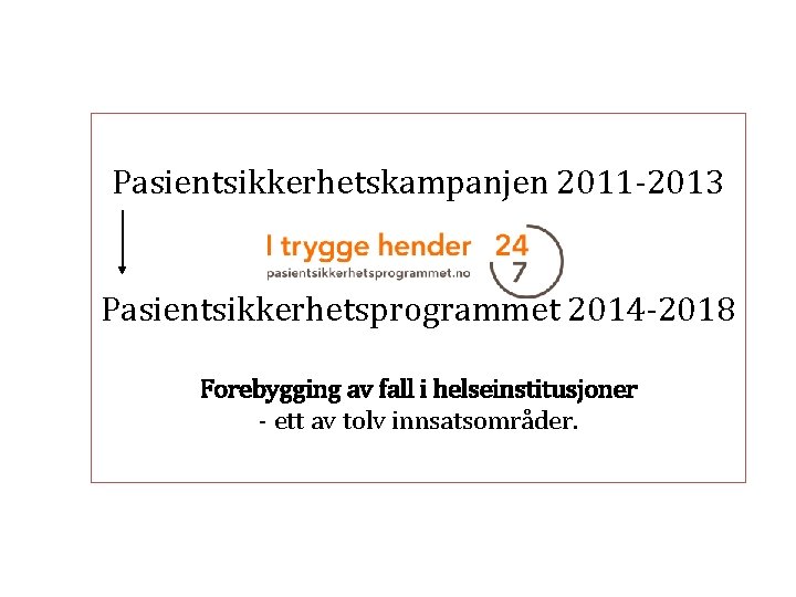 Pasientsikkerhetskampanjen 2011 -2013 Pasientsikkerhetsprogrammet 2014 -2018 Forebygging av fall i helseinstitusjoner - ett av