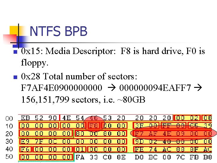 NTFS BPB n n 0 x 15: Media Descriptor: F 8 is hard drive, NTFS BPB n n 0 x 15: Media Descriptor: F 8 is hard drive,