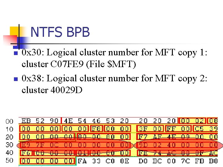 NTFS BPB n n 0 x 30: Logical cluster number for MFT copy 1: NTFS BPB n n 0 x 30: Logical cluster number for MFT copy 1: