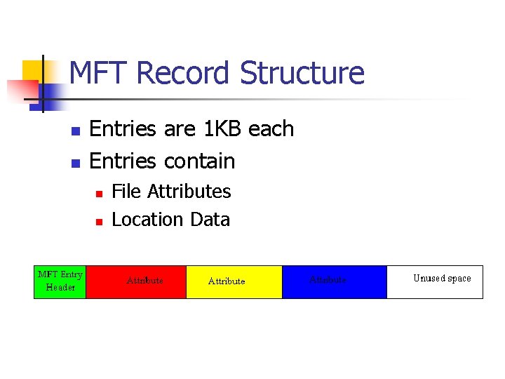 MFT Record Structure n n Entries are 1 KB each Entries contain n n