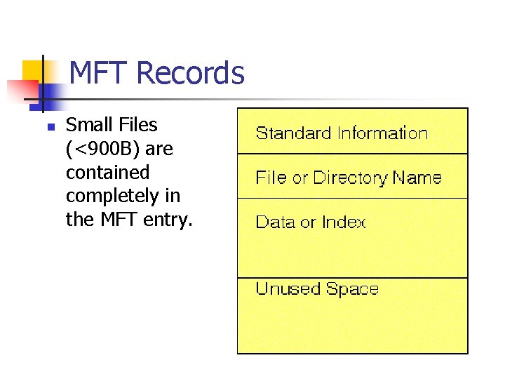 MFT Records n Small Files (<900 B) are contained completely in the MFT entry. MFT Records n Small Files (<900 B) are contained completely in the MFT entry.