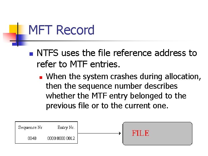 MFT Record n NTFS uses the file reference address to refer to MTF entries. MFT Record n NTFS uses the file reference address to refer to MTF entries.