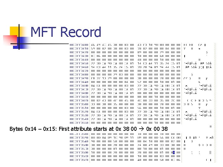 MFT Record Bytes 0 x 14 – 0 x 15: First attribute starts at MFT Record Bytes 0 x 14 – 0 x 15: First attribute starts at