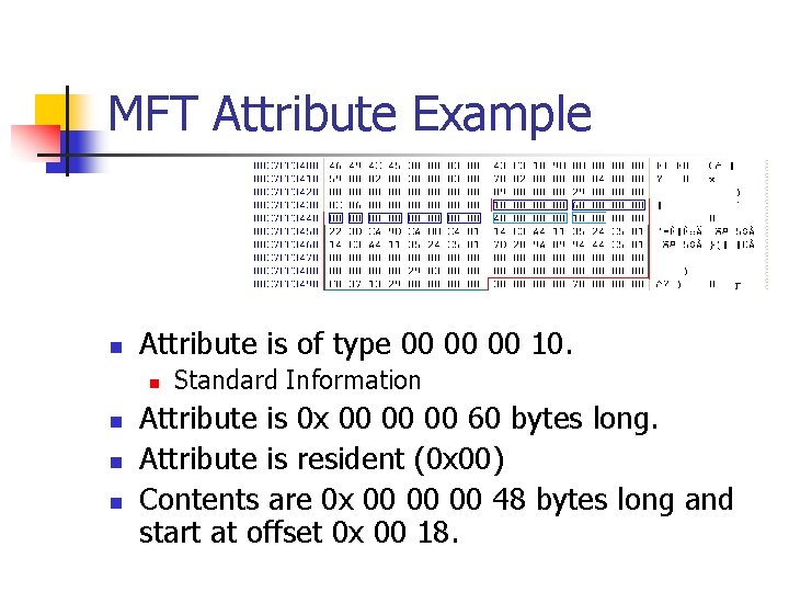 MFT Attribute Example n Attribute is of type 00 00 00 10. n n