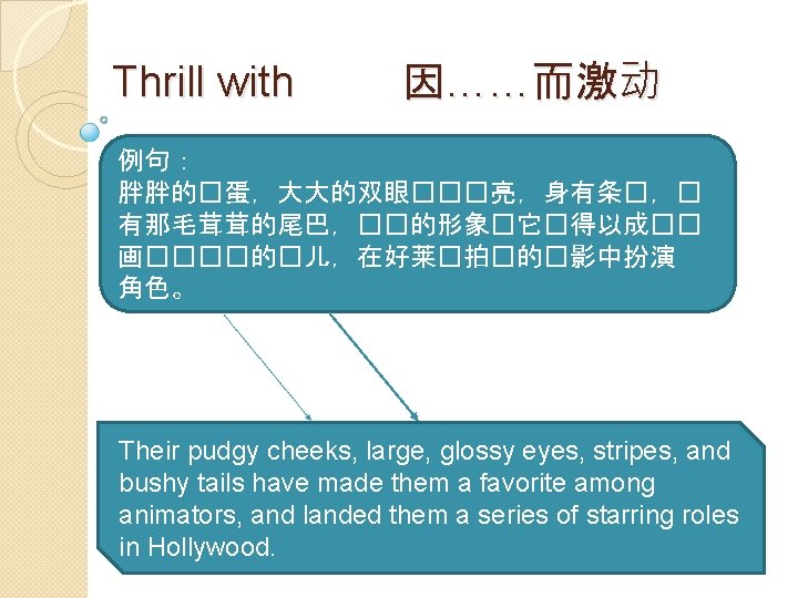 Thrill with 因……而激动 例句： 胖胖的�蛋，大大的双眼���亮，身有条�，� 有那毛茸茸的尾巴，��的形象�它�得以成�� 画����的�儿，在好莱�拍�的�影中扮演 角色。 Their pudgy cheeks, large, glossy eyes,