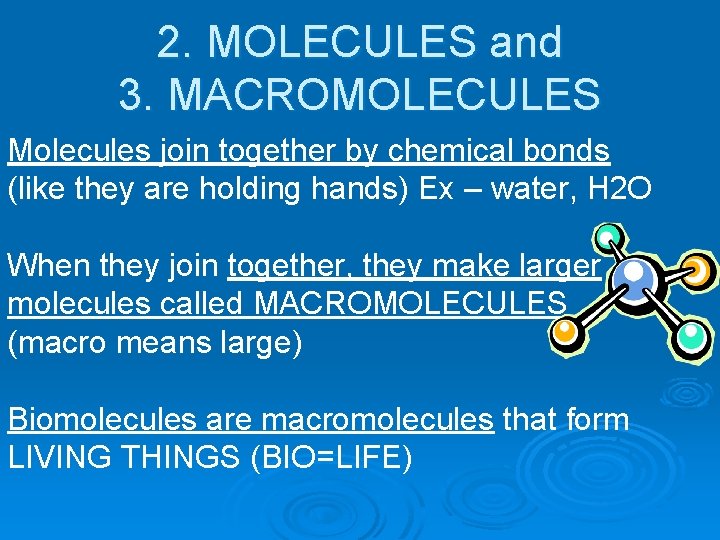 2. MOLECULES and 3. MACROMOLECULES Molecules join together by chemical bonds (like they are
