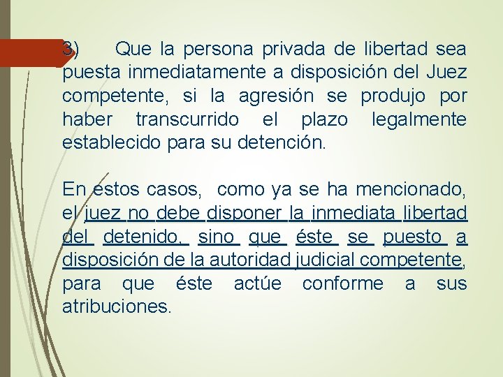 3) Que la persona privada de libertad sea puesta inmediatamente a disposición del Juez