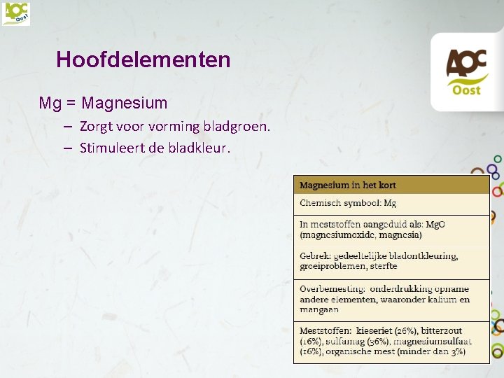 Hoofdelementen Mg = Magnesium – Zorgt voor vorming bladgroen. – Stimuleert de bladkleur. 