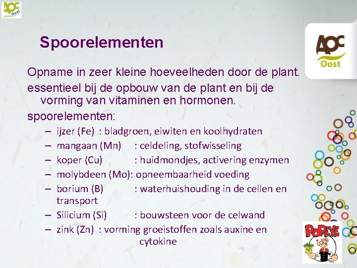 Spoorelementen Opname in zeer kleine hoeveelheden door de plant. essentieel bij de opbouw van