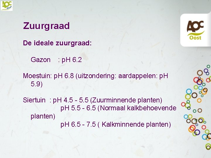 Zuurgraad De ideale zuurgraad: Gazon : p. H 6. 2 Moestuin: p. H 6.