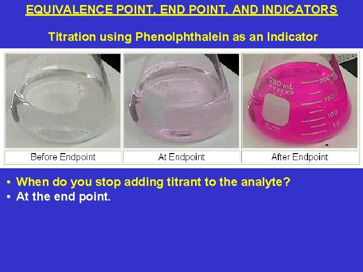 EQUIVALENCE POINT, END POINT, AND INDICATORS Titration using Phenolphthalein as an Indicator • When