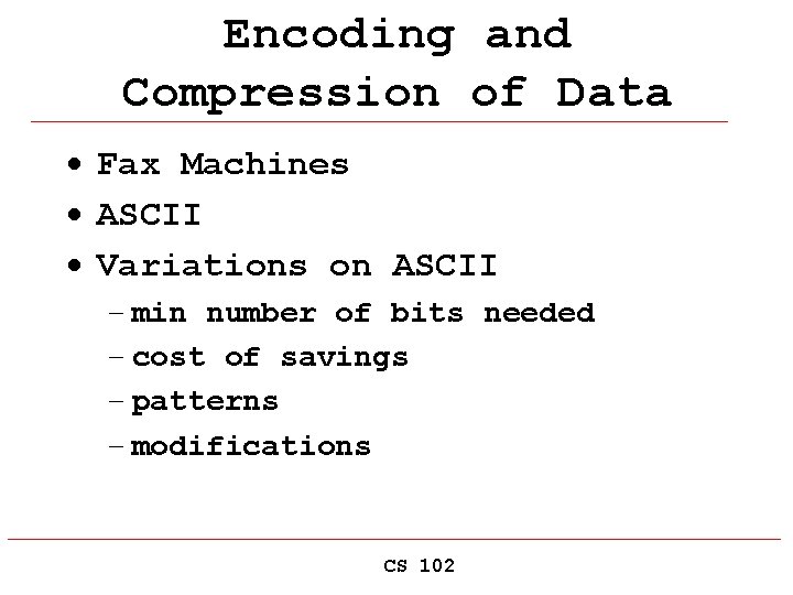 Encoding and Compression of Data · Fax Machines · ASCII · Variations on ASCII
